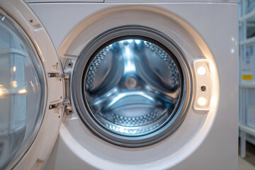 Modern washing machine interior view with LED lighting and clean design features