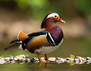 Mandarin Duck's Majestic Pose: A close-up, exquisitely detailed photograph showcases the vibrant plumage of a mandarin duck, elegantly posed by the water's edge.