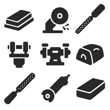 Sharpening Tools Icons. Solid style icons of sharpening and grinding tools: sharpening stone, grinding wheel, file, honing guide,