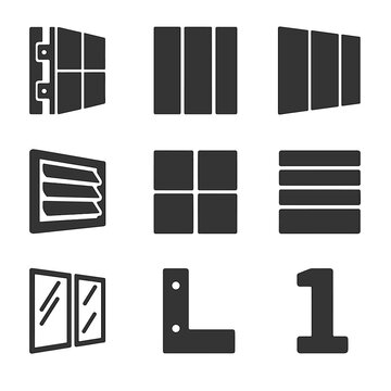 Modern Facade Icons. Solid style icons of modern facade systems: ventilated facade, cladding panel, rainscreen system, louver
