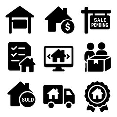 Residential Buying Icons. Solid style icons of residential buying and selling: open house icon, property appraisal, sale pending
