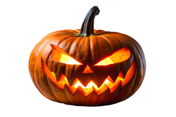 A single carved jackolantern with a menacing face and bright glowing light isolated against a transparent background