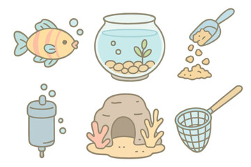 Cartoon pastel fish icons: pet fish, bowl, food flakes, filter, cave, and net. Clean and soft line style with no background, ideal for stock and UI use.
