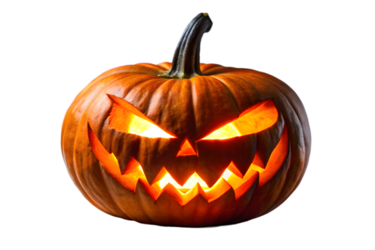 A single carved jackolantern with a menacing face and bright glowing light isolated against a transparent background