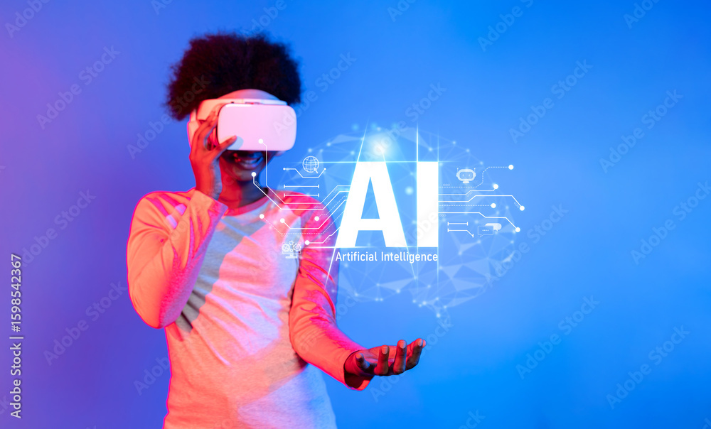 Poster a person immersed in virtual reality explores artificial intelligence concepts in a colorful setting
