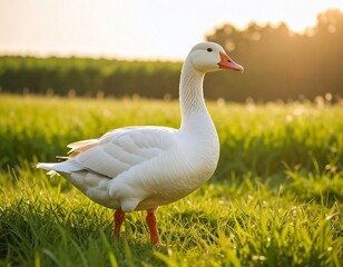 Obraz premium Graceful Goose Amidst the Meadow: A solitary white goose elegantly strides through a sunlit meadow, embodying the serene beauty of nature's artistry.