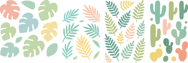 Pastel Tropical Leaves and Cactus Silhouettes on White.