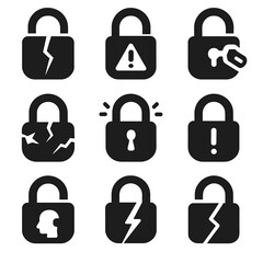 Broken Lock Icons. Solid style icons of broken and breached locks: cracked padlock, lock with warning sign, broken key in lock,