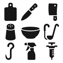 Obraz premium BBQ Utensils Icons. Solid style icons of BBQ cooking utensils: cutting board, carving knife, meat cleaver, spice shaker, marinade