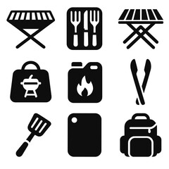 Portable BBQ Tools Icons. Solid style icons of portable BBQ tools: foldable grill, compact utensil set, collapsible table, travel