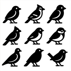 Fototapeta premium Backyard Bird Icons. Solid style icons of common backyard birds: robin, sparrow, blue jay, cardinal, finch, chickadee, dove,