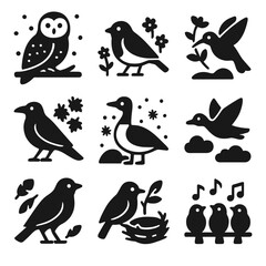 Fototapeta premium Seasonal Bird Icons. Solid style icons of birds in seasonal settings: snowy owl, spring robin, summer hummingbird, autumn crow,