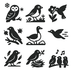 Fototapeta premium Seasonal Bird Icons. Solid style icons of birds in seasonal settings: snowy owl, spring robin, summer hummingbird, autumn crow,