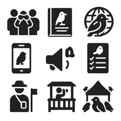 Obraz premium Global Birdwatching Icons. Solid style icons of global birdwatching: birdwatching group, birding journal, global bird map, birding
