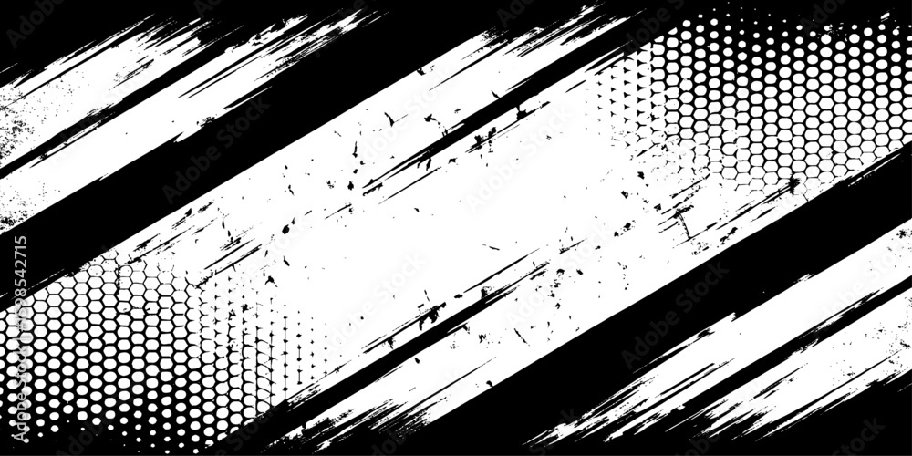Poster grunge black and white abstract background with diagonal lines and halftone pattern design.