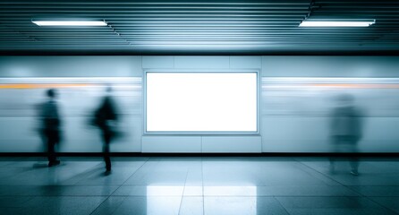 At a train platform, an unoccupied billboard is located as speeding trains zip past in a blur, generating a feeling of urban movement and transit, with travelers walking beside the unused ad space