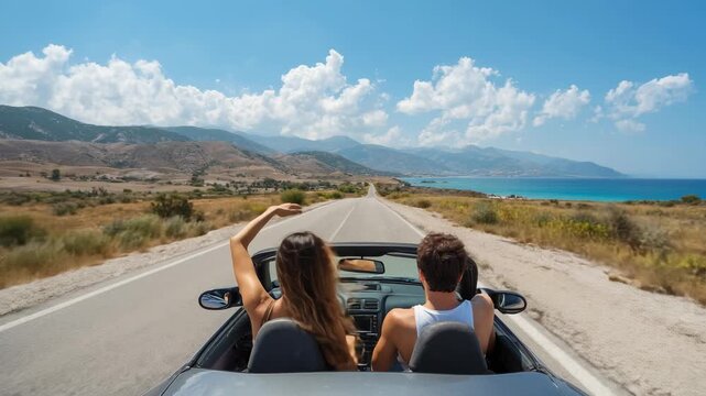 Young couple driving convertible along scenic coastal road with blue sky and ocean on sunny summer day - Powered by Adobe