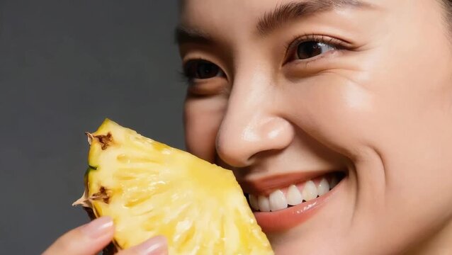 Mujer oliendo con delicadeza a una rodaja de piña fresca y jugosa