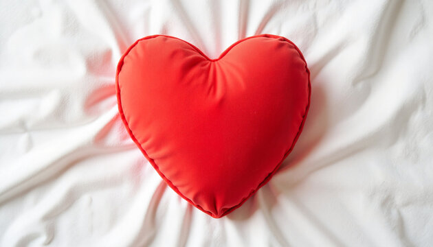 Red heart-shaped pillow on white fabric background