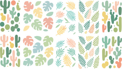Fototapeta premium Collection of stylized cacti and tropical leaves in pastel colors.