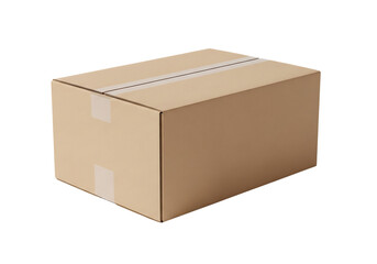 Sealed brown cardboard moving or shipping box with adhesive tape. Isolated on transparent background, png