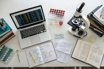 An overhead view of a white table displaying scientific research tools like a