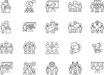 Business Communication Icons Pack, Teamwork and Presentation Vector Set, Podium, Bar Chart, Speech Bubbles, Collaboration, Data Analysis, Leadership, Megaphone, Brainstorm, Strategy Symbols