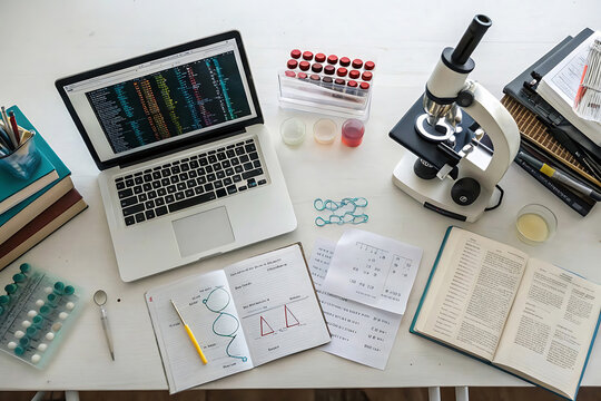 An overhead view of a white table displaying scientific research tools like a