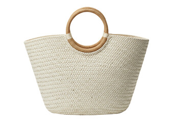 Woven straw beach tote bag with round wooden handles, summer fashion. Isolated on transparent background, png