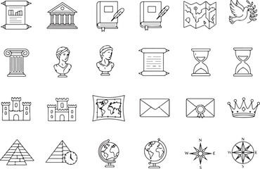 Historical and Cultural Icons Set, Geography and Education Vector Pack, Scroll, Castle, Globe, Pyramid, Column, Bust, Compass, Crown, Peace Symbol, Literature Graphics
