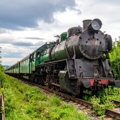 Obraz premium Antique steam train in a green landscape