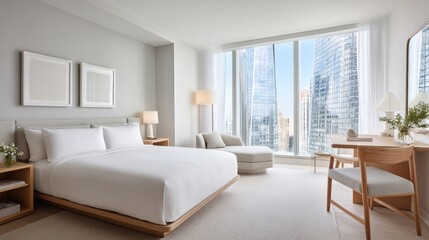 Modern bedroom with panoramic city views.