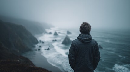 Man Watching Stormy Ocean From Rocky Cliffside on Foggy Day With Moody Weather and Dramatic Coastal View
