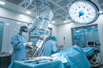 Two medical professionals in a sterile operating room using a robotic surgical arm