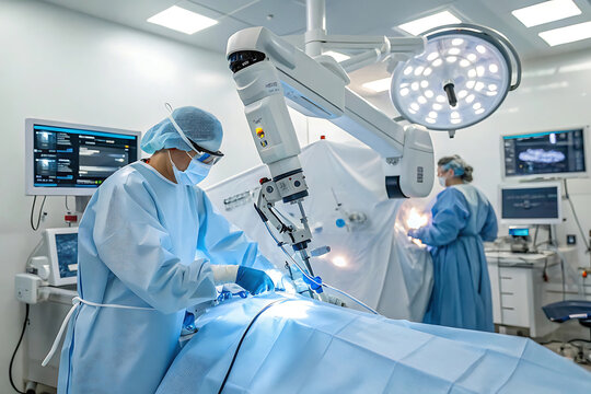 A surgeon in sterile blue scrubs and a mask operates a robotic arm during a complex