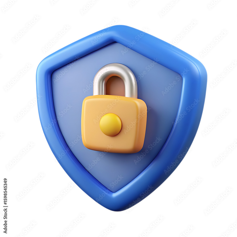 Fototapete 3d rendering of a blue shield with a yellow padlock symbol representing security and protection isol