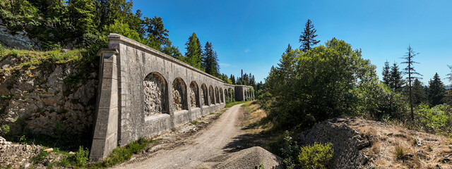 Military Fort des Rousses Stone Wall and Archway Path. Les Rousses, Jura, France.