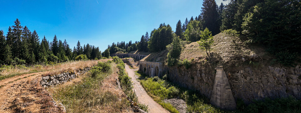 Historic Fort des Rousses with Stone Arches and Alpine Trail. Les Rousses, Jura, France.