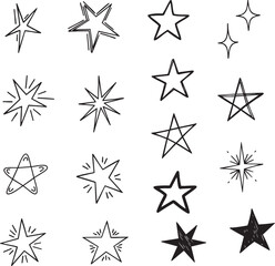 Obraz premium Collection of hand drawn sketchy star illustrations with varying styles and textures on a white background