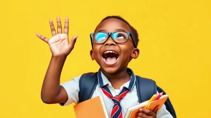 African American schoolboy in glasses holding school supplies smiling broadly on yellow background, back to school concept