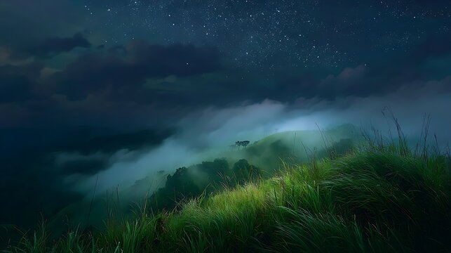 Starry Night Mountainscape. Grass covers misty hills under a celestial sky. Use for nature marketing, website background, or atmospheric design.