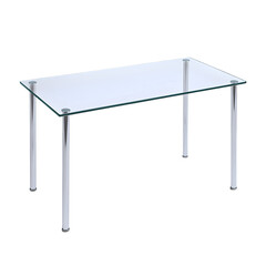 Modern glass table with sleek chrome legs, perfect for contemporary living spaces.