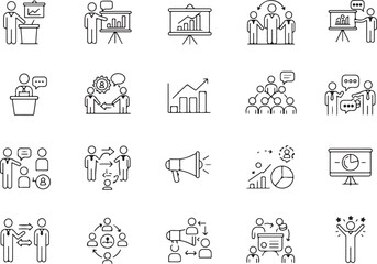 Business Strategy Icons Pack, Communication and Leadership Vector Set, Presentation Board, Teamwork, Handshake, Megaphone, Podium, Graph, Idea, Collaboration, Conversation, Target