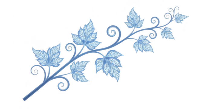 A delicate blue leaf branch illustration isolated on a clean transparent background
