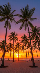 Obraz premium Palm trees swaying with sunset in background