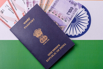 Indian passport and tickets for travelling, flying and doing business. India document, id