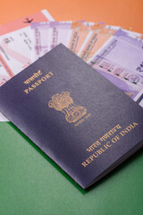 Indian passport and tickets for travelling, flying and doing business. India document, id