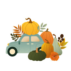 Blue textured retro car with colorful fall pumpkins and leaves. Happy Thanksgiving. Autumn harvest season scene. Vector illustration for card, banner, poster, print or any cozy fall design