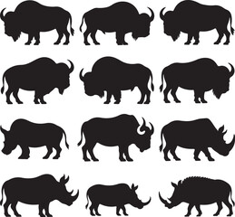 Set of Bison Buffalo Silhouette Vector Illustrations.  Black Bison Buffalo icon bundle