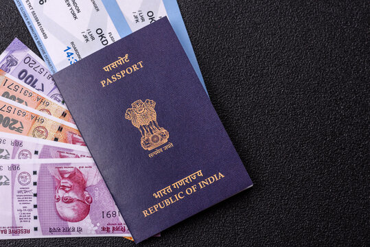 Indian passport and tickets for travelling, flying and doing business. India document, id
